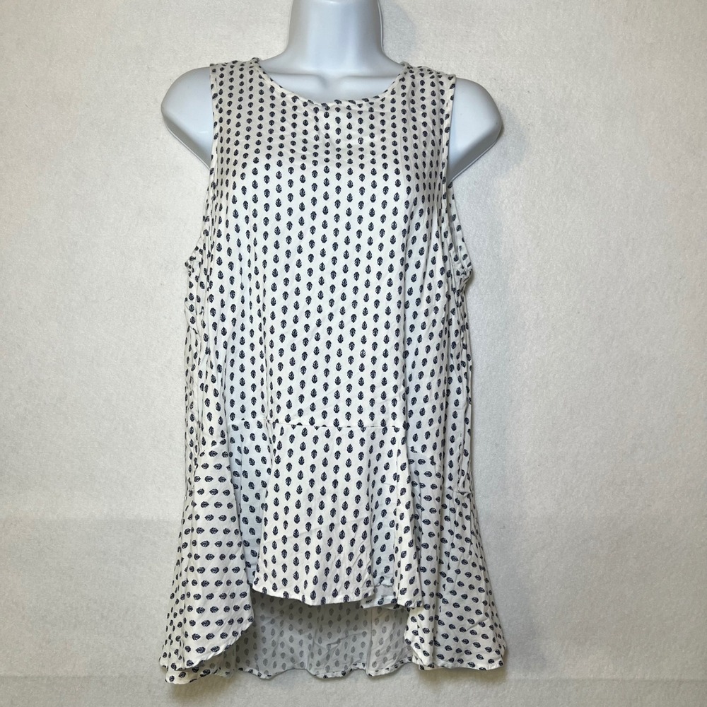 Libby Edelman Ditsy Bohemian Sleeveless High Low Ruffle Top Blue White Women M